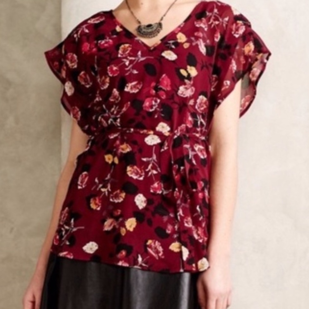 Anthropologie Meadow Run Maroon Floral Kimono Top